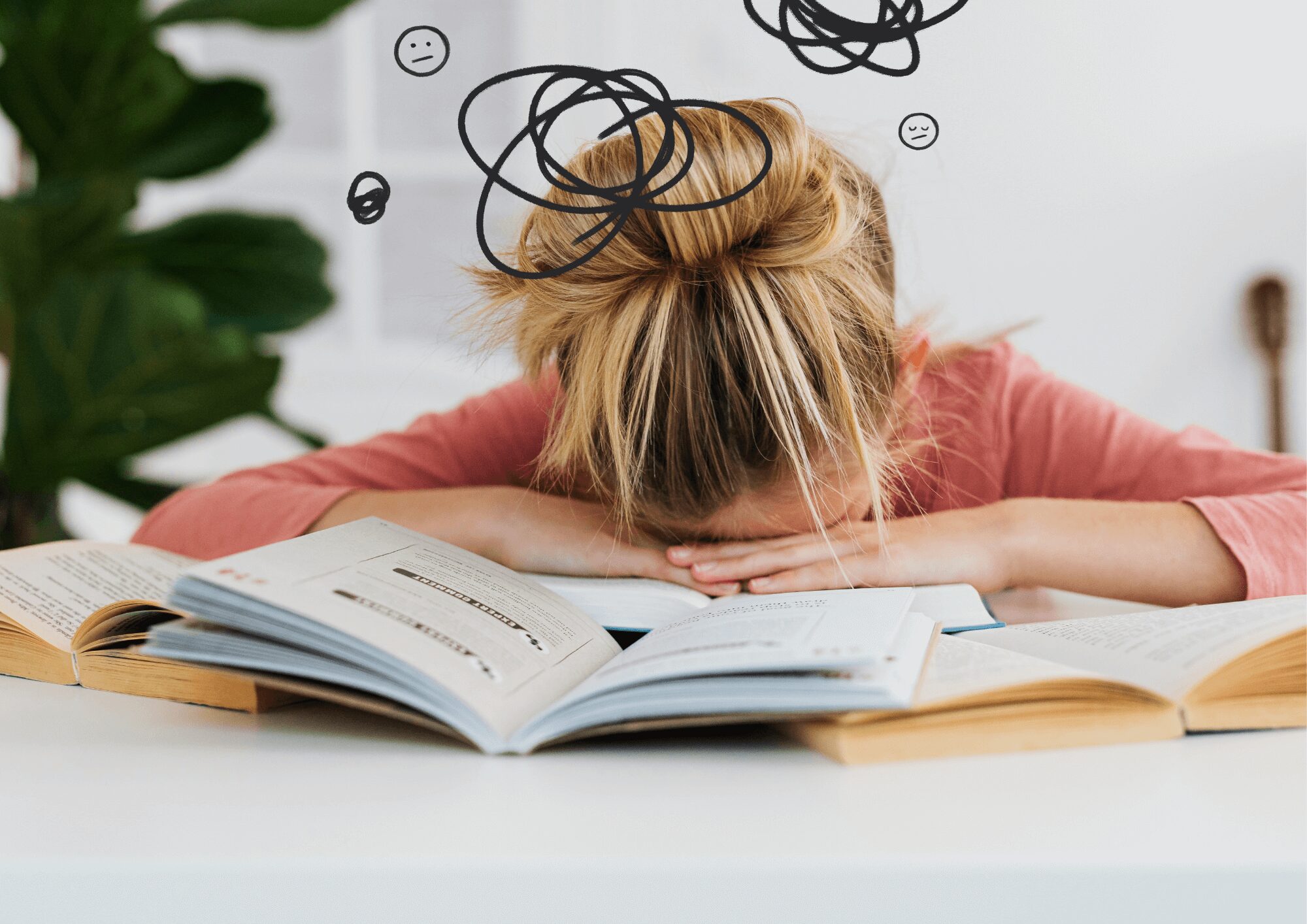 Femme épuisée la tête posée sur un livre, entourée de gribouillis symbolisant la confusion, illustrant la difficulté à créer son identité visuelle.