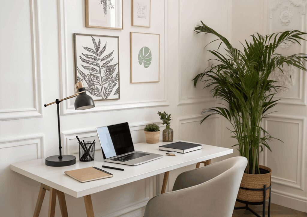 ureau minimaliste et lumineux avec ordinateur portable, carnet et plantes vertes dans un intérieur élégamment décoré, illustrant l’espace de travail créatif de Lili Créa Design à Saint-Nazaire