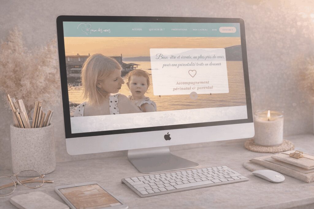 Écran d’ordinateur affichant un site d’accompagnement périnatal et parental, avec une photo d’une maman tenant son bébé au coucher du soleil.