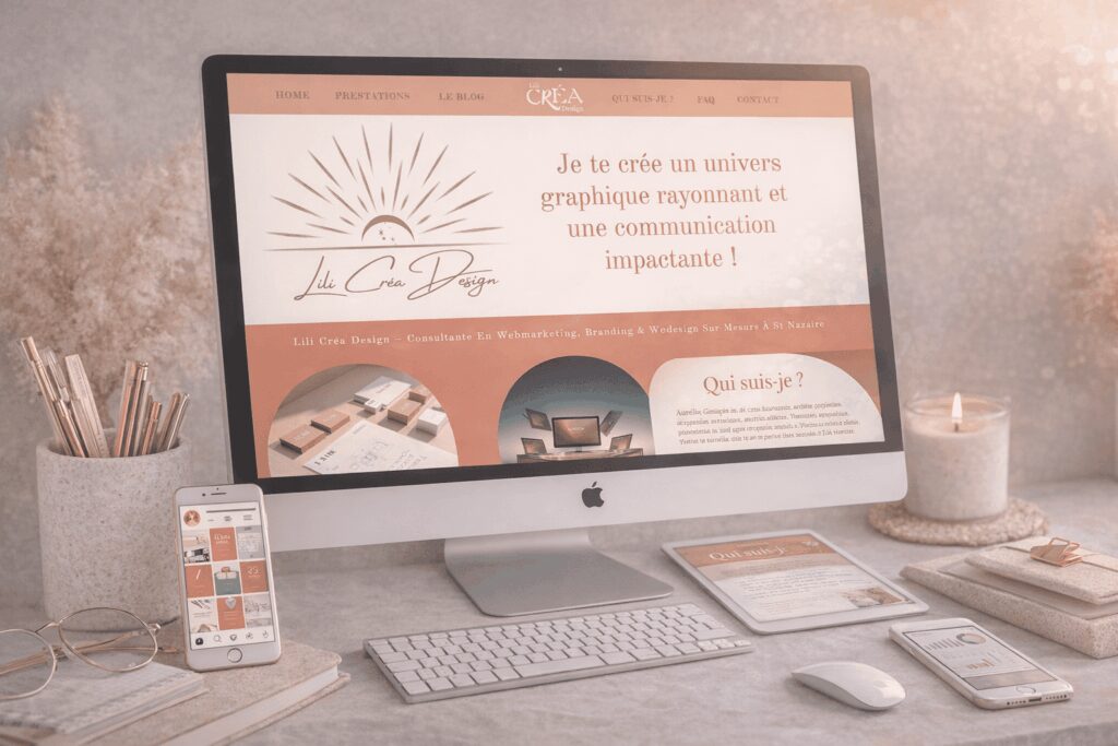 Écran d’ordinateur affichant le site Lili Créa Design, avec smartphone et tablette posés sur un bureau lumineux et minimaliste.