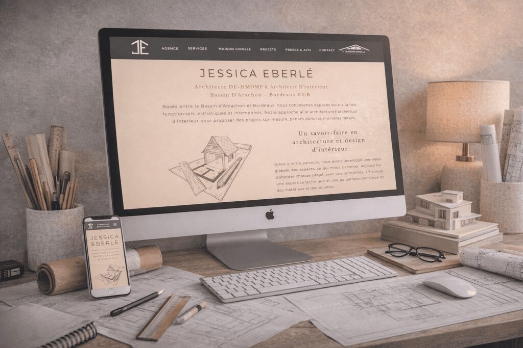 Écran d’ordinateur et smartphone affichant le site de l’architecte d’intérieur Jessica Eberlé, posés sur un bureau avec plans, règles et maquette.