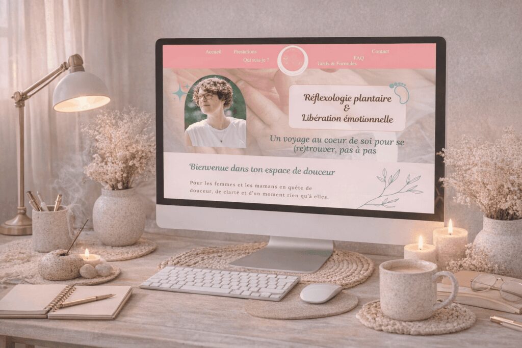 Écran d’ordinateur affichant un site de réflexologie plantaire et libération émotionnelle, dans une ambiance de bureau douce avec bougies et fleurs séchées.